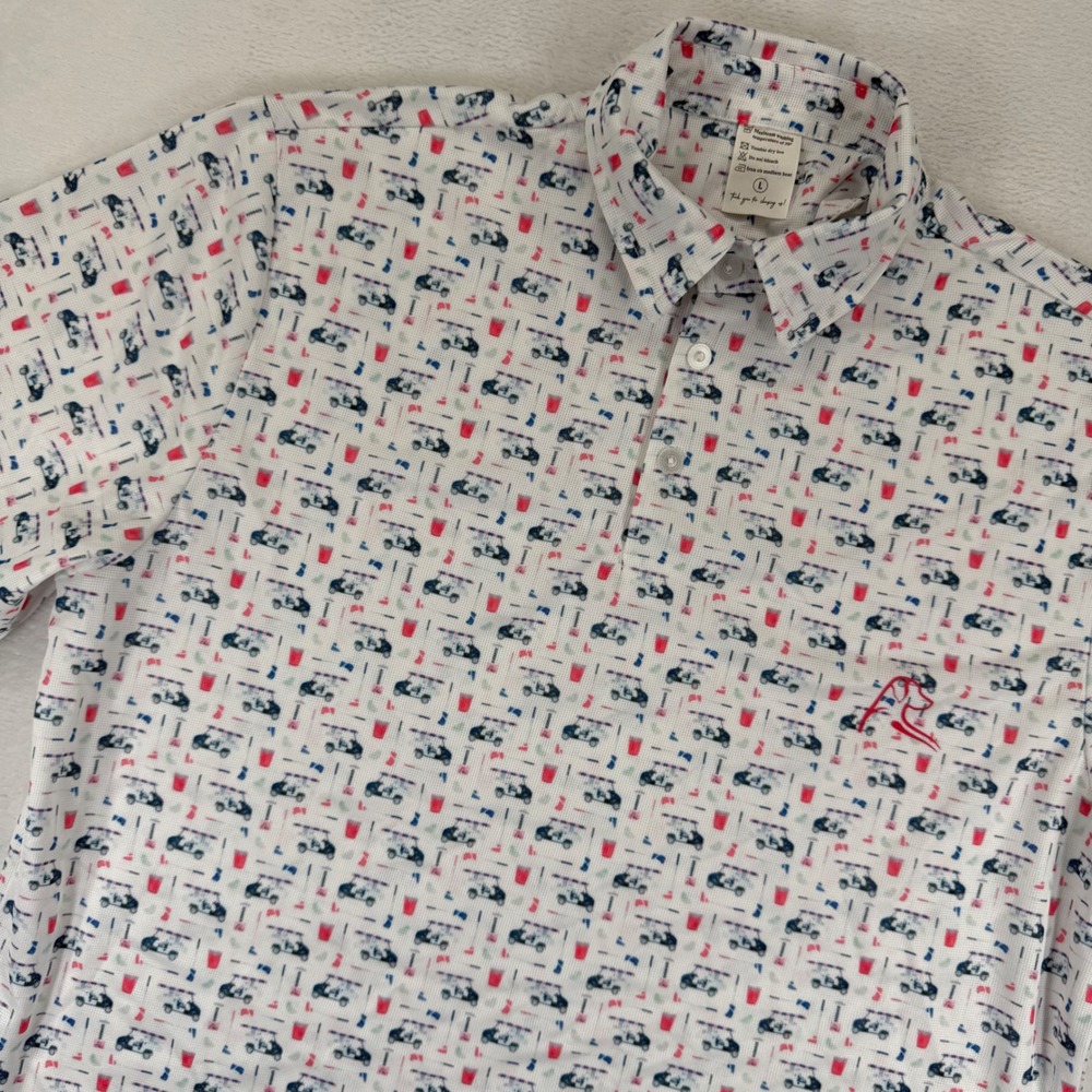 Rhoback Mens Large Golf Polo Shirt White Golf Carts Novelty Print Short Slv